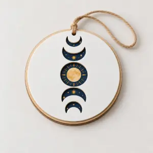 Moon Phase Layered Tag with three stacked layers in deep navy, gold and cream showing a row of moon phases with a thin ring border