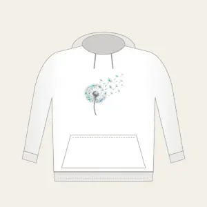 Dandelion Seed Head Drifting Away Hoodie in white: A dandelion seed head releases seeds in grey and teal on white.