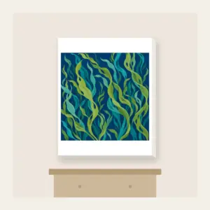 Swaying Kelp Ribbons on Deep Blue Canvas Print in white: Long kelp ribbons in green and teal sway across a deep blue background.