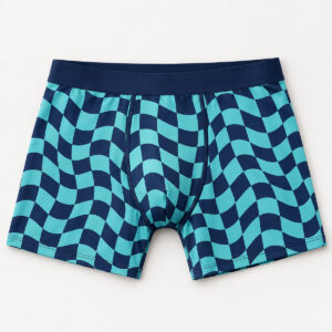 Checkerboard Wave Boxer Briefs with a checkerboard pattern where squares ripple like waves in navy and aqua