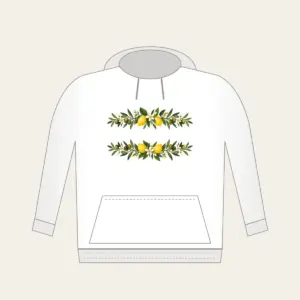 Olive and Lemon Branch Border Hoodie in white: Olive and lemon branches run along both long edges in green, gold and cream.