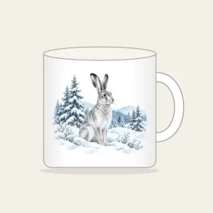 Hare in a Snowy Field with Pines Mug in white: A hare pauses in a snowy field among pines in white, grey and ice blue.