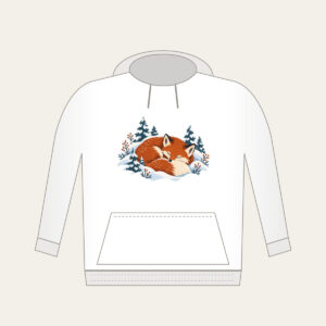 Sleeping Fox Among Snowy Pines Hoodie in white: A fox curled asleep in a snowbank with tiny pines, in rust, cream and slate blue.