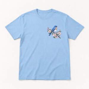Bluebird Branch Tee with compact chest print of a small bluebird perched on a branch of blossoms in cobalt, white and soft pink