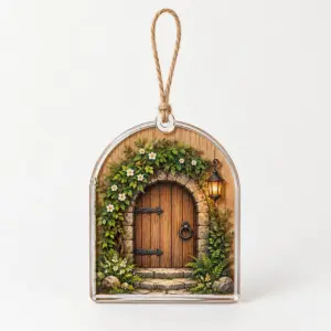 Woodland Doorway Wood and Acrylic Ornament with wood base with an arched woodland doorway and a small lantern drawn on a clear acrylic layer in green, brown and amber