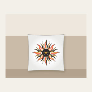Sunburst Lines on Charcoal with a Small Star Pillow in white: Sun lines in coral, gold and white radiate across a charcoal ground, with one small star set off to one side.