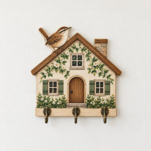 Wren House Key Holder with a small house with a wren on its roof in warm brown, cream and green