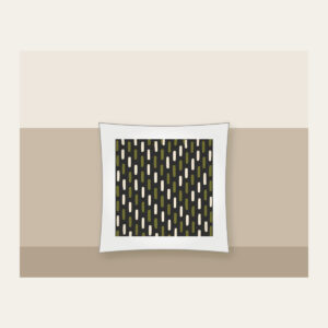Staggered Olive Dashes on Charcoal Pillow in white: Short olive and cream dashes in a staggered rhythm on charcoal.