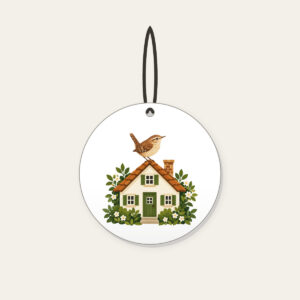 Wren on the Rooftop Ceramic Ornament in white: A small house with a wren on its roof in warm brown, cream and green.