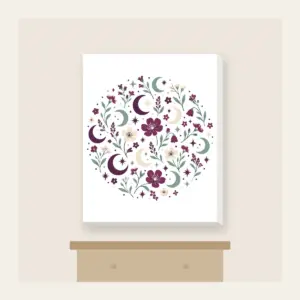Crescent Moons and Wildflowers in Plum Canvas Print in white: Crescent moons, wildflowers and tiny stars repeat in plum, mint and cream.