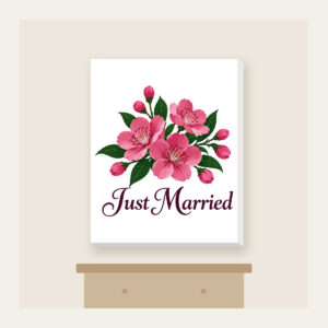 Cherry Blossoms and Just Married Wording Canvas Print in white: A cluster of cherry blossoms in deep rose pink and dark green, with the words “Just Married” in dark plum below.