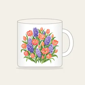 Tulip and Hyacinth Beds Mug in white: Painterly flower beds of tulips and hyacinths in coral, violet and green on pale cream.