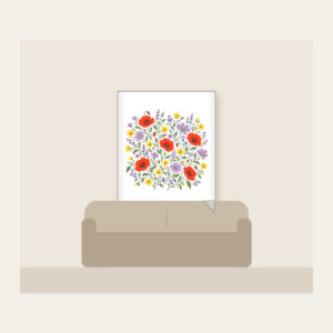 Wildflower Scatter on Sage Fleece Blanket in white: Wildflowers in lavender, poppy red and butter yellow scatter over a sage ground.