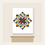 Star Medallion Patchwork Canvas Print in white: An eight-point star medallion in navy, cream and rust with mustard and sage patchwork squares.