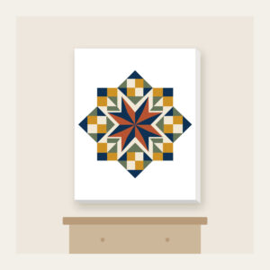Star Medallion Patchwork Canvas Print in white: An eight-point star medallion in navy, cream and rust with mustard and sage patchwork squares.