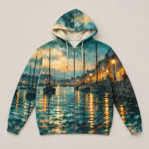 Lightweight Harbour Lights Zip Hoodie with all-over harbour lanterns, masts and ripples in teal, amber and cream