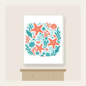 Tide-Pool Starfish Pattern Canvas Print in white: Starfish, small shells and ripples gather in a tide-pool repeat in coral and teal.