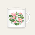 Lotus Blooms over Pond Ripples Mug in white: Lotus blooms float above pond ripples in pink, green and cream.