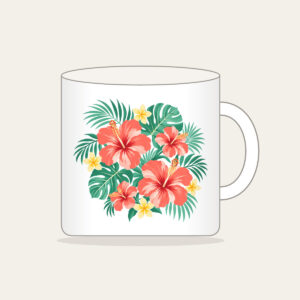 Coral Hibiscus Palm Sorbet Pattern Mug in white: Coral hibiscus blooms and palm leaves in mint and lemon spread across a cream field.