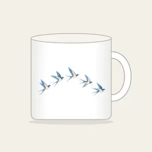 Five Swallows in a Gentle Arc Mug in white: Five swallows in cream and sky blue fly in an arc along a fine dotted trail.