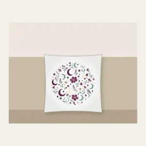 Crescent Moons and Wildflowers in Plum Pillow in white: Crescent moons, wildflowers and tiny stars repeat in plum, mint and cream.