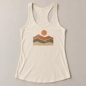 Natural Sunrise Ridge Racerback Tank with compact front chest panel print of a sun above three layered ridges in terracotta, olive and sand