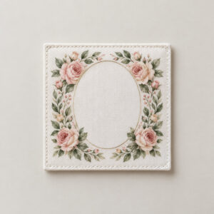 Floral Oval Photo Tie Patch with an oval floral frame of roses and leaves in blush and sage around an empty photo area