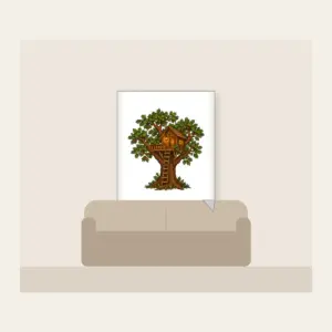 Oak Treehouse with Glowing Lantern Fleece Blanket in white: A treehouse in an oak tree with a glowing lantern in brown, green and amber.