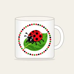 Ladybug on a Leaf Mug in white: A cheerful ladybug rests on a green leaf inside a polka-dot border in red, black and green.