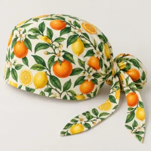 Ponytail scrub cap printed with oranges, lemons and leaves on cream