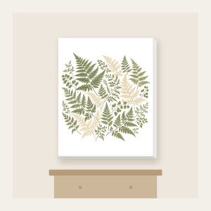 Pressed Ferns with a Gold Line Canvas Print in white: All-over pressed ferns in sage and cream, edged with a fine gold line.