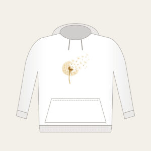 Dandelion Seeds Drifting Away Hoodie in white: A dandelion seed head with its seeds drifting away in cream and pale gold.