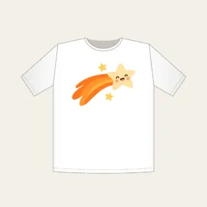 Cheerful Comet with Two Stars T-Shirt in white: A cheerful cream comet with an orange curved tail and two pale-yellow stars.