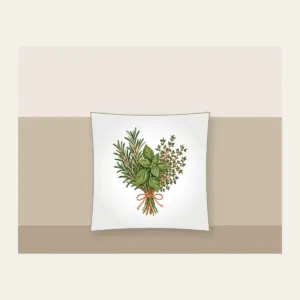 Herb Bundle with String Pillow in white: A bundle of rosemary, basil and thyme tied with string in green, cream and terracotta.