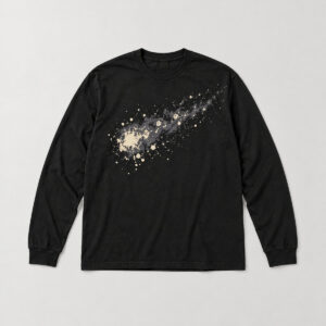 Comet Splatter Long Sleeve Tee with a compact bleach splatter look in a comet shape on the chest only, in cream and grey
