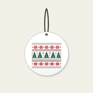 Fair Isle Pines and Stars in Red Ceramic Ornament in white: Knit-inspired rows of pines and stars in red, cream and green repeat in tidy bands.