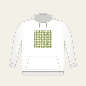 Green Gingham with Scattered Pears Hoodie in white: Green and cream gingham checks with small pears scattered between.