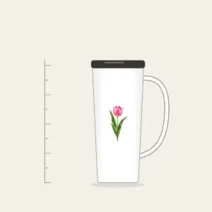 Single Pink Tulip with Long Leaves Tumbler with Handle in white: A single tall tulip with long leaves in pink and green.
