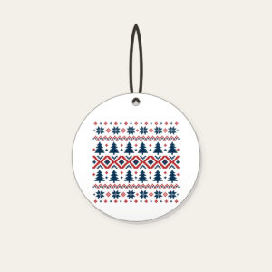 Fair-Isle Pines and Stars Ceramic Ornament in white: Fair-isle bands of pines, stars and diamonds in cream, brick red and navy.