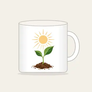 Seedling Reaching for Sunbeams Mug in white: A young seedling stretches toward warm sunbeams in cream, green and brown.