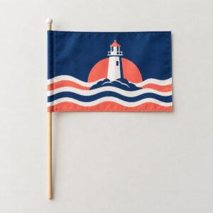 Little Lighthouse Hand Flag with flag face with a lighthouse over wave stripes in navy, white and coral, TWO SIDES version