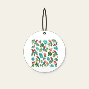 Parrots and Palm Leaves Repeat Ceramic Ornament in white: Small parrots and palm leaves repeat in red, turquoise and green on cream.