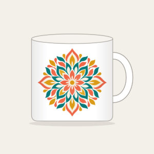 Petal Mosaic Kaleidoscope Mug in white: Symmetrical petal mosaics in coral, teal, mustard and cream.