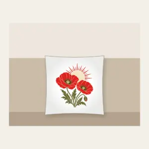 Twin Poppies and a Rising Sun Pillow in white: Two poppies beneath a rising sun in red, cream and olive.