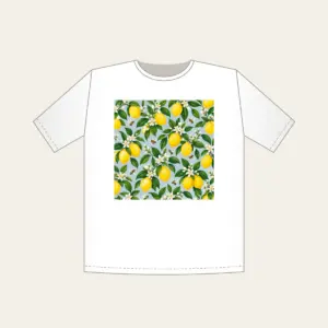 Lemon and Bee Garden Repeat T-Shirt in white: A repeat of lemons, glossy leaves and tiny bees in yellow and green on a pale blue-grey ground.