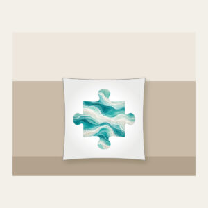 Sea-Glass Teal Abstract Waves Pillow in white: Abstract waves in sea-glass teal, aqua and frosted white with a fine sand speckle.
