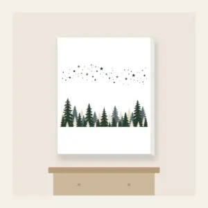 Pine Silhouettes under Scattered Stars Canvas Print in white: A band of pine silhouettes runs along the lower edge beneath a drift of tiny stars in slate, forest green and cream.