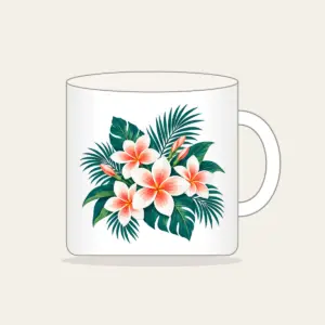 Plumeria and Palm Leaves on Deep Teal Mug in white: White and coral plumeria blossoms and palm leaves glow against a deep teal base.