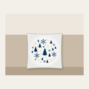 Snowflakes and Pines in Navy and Cream Pillow in white: Snowflakes and pines repeat in navy and cream.