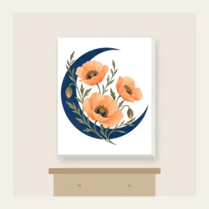 Crescent Moon and Apricot Poppies Canvas Print in white: A deep blue crescent moon cradles three delicate apricot poppies on fine olive stems.